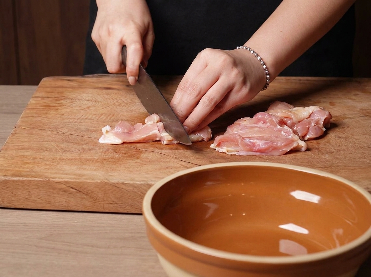 Manos utilizando un cuchillo afilado para cortar contramuslos de pollo crudo con piel en una tabla de madera.