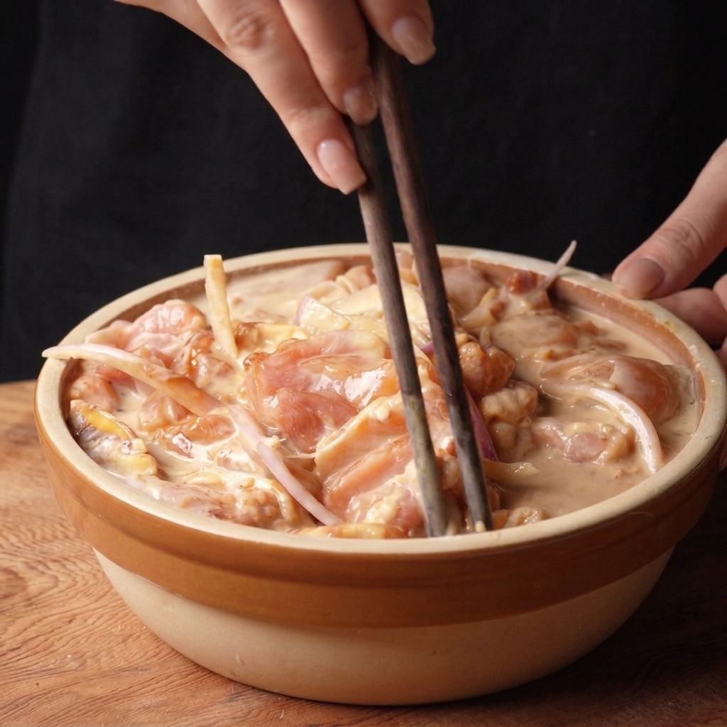 Mezclando trozos de pollo crudo con el marinado cremoso y la cebolla usando palillos de madera.