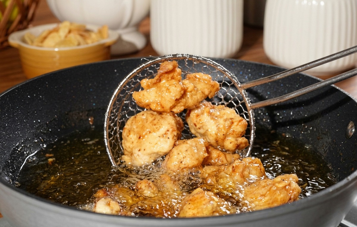 Una espumadera de malla metálica levantando varios trozos de pollo frito dorado claro de la sartén.