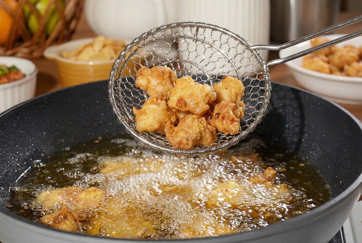 Trozos de pollo frito muy dorados y crujientes saliendo de una sartén con aceite burbujeante.