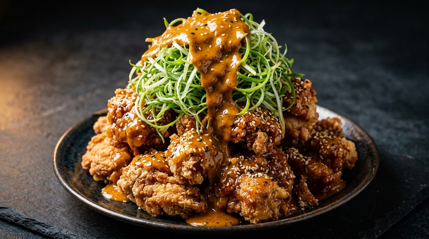 Pollo Frito Crujiente con Cebolleta y Salsa Especial