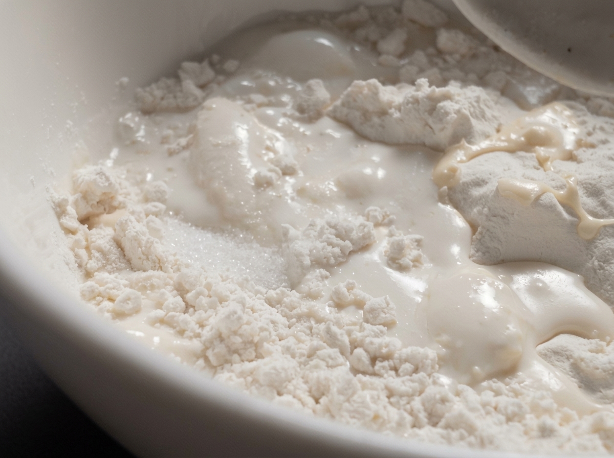 Aceite vertiéndose en un bol blanco que contiene una mezcla de harina y leche.