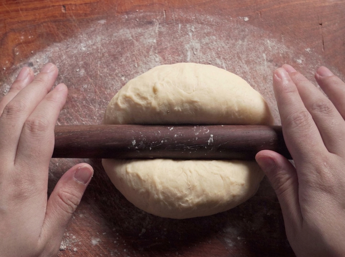 Un rodillo de madera oscura aplanando un trozo de masa sobre una tabla de madera enharinada.