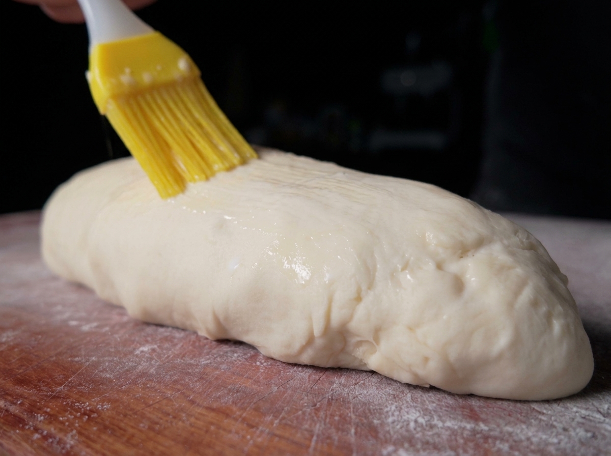 Un pincel de silicona amarillo aplicando una capa de leche sobre un cilindro de masa leudada.