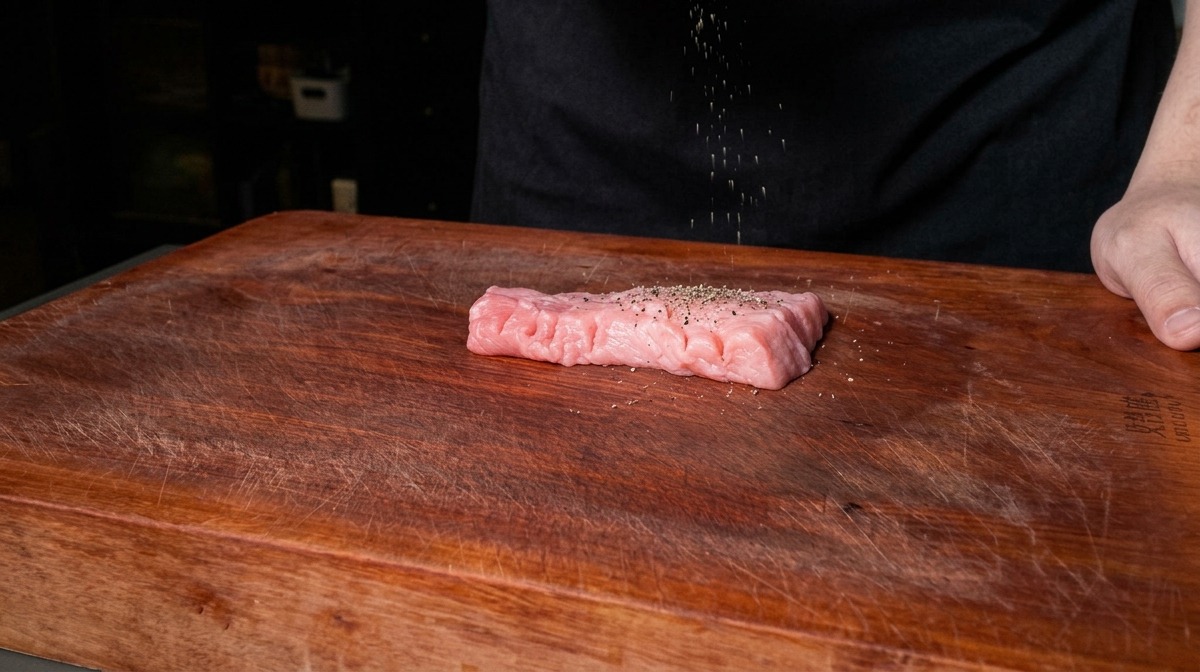 Una mano espolvoreando sazonador sobre una pieza de cerdo cruda en una tabla de madera.