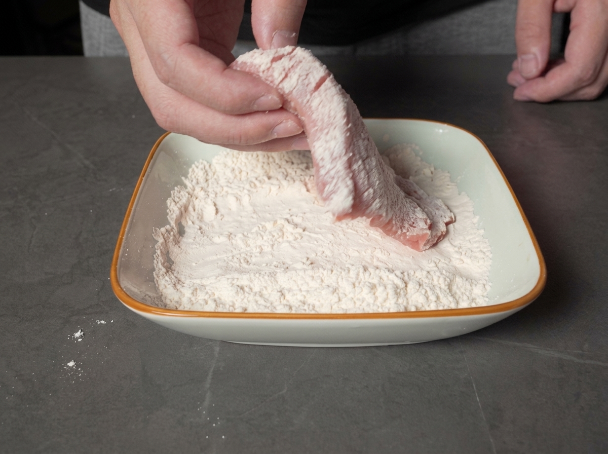 Manos sosteniendo una pieza de cerdo, cubriéndola uniformemente en un plato con harina blanca.