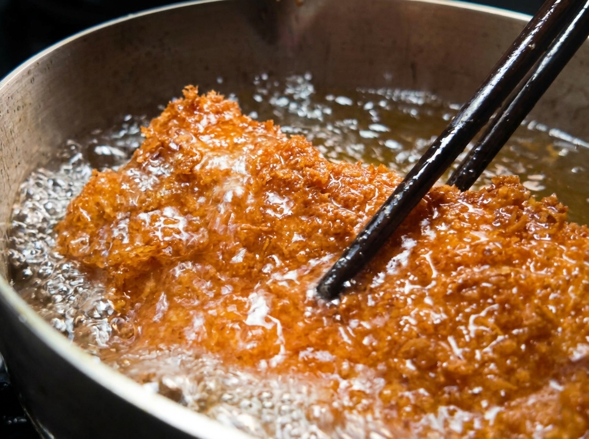 Una chuleta de cerdo perfectamente dorada y crujiente siendo extraída del aceite burbujeante con palillos.