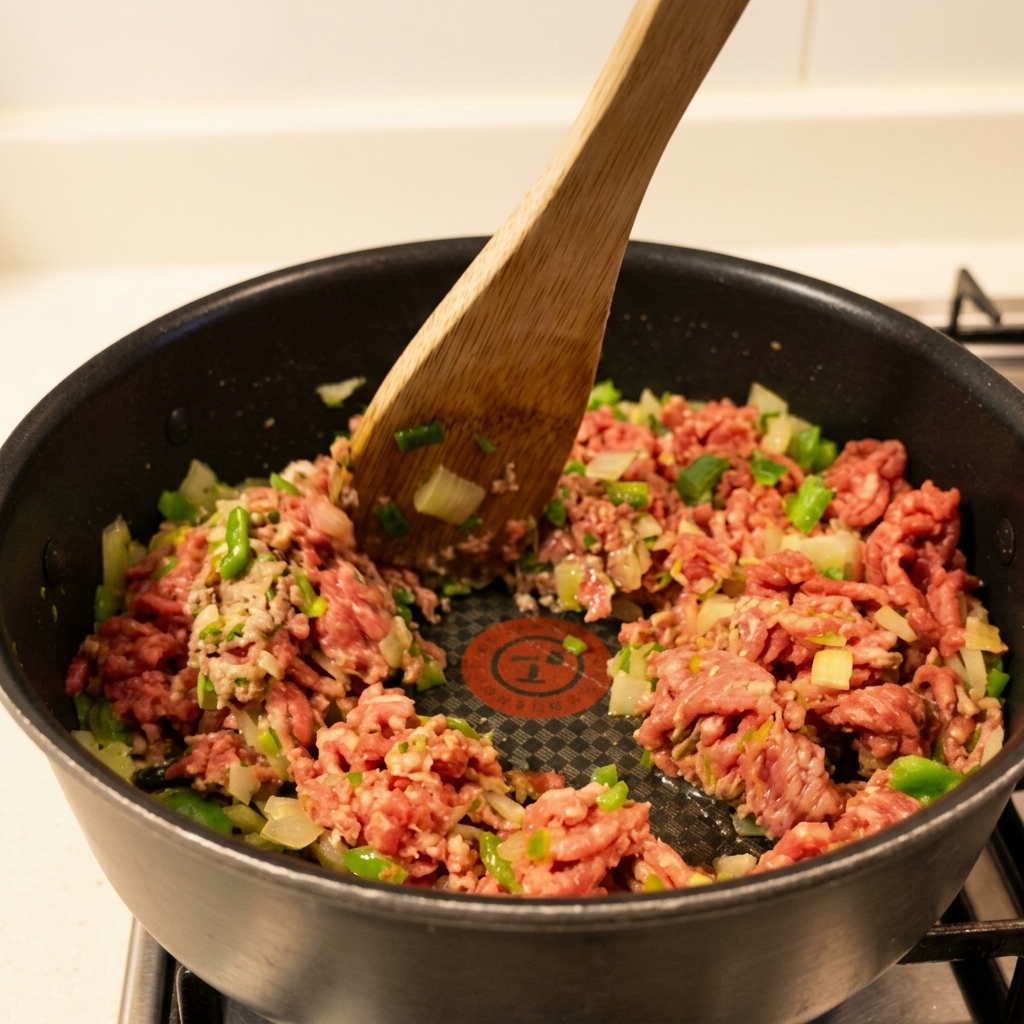 Carne molida siendo desmenuzada y mezclada con una espátula de madera en una sartén con vegetales picados.