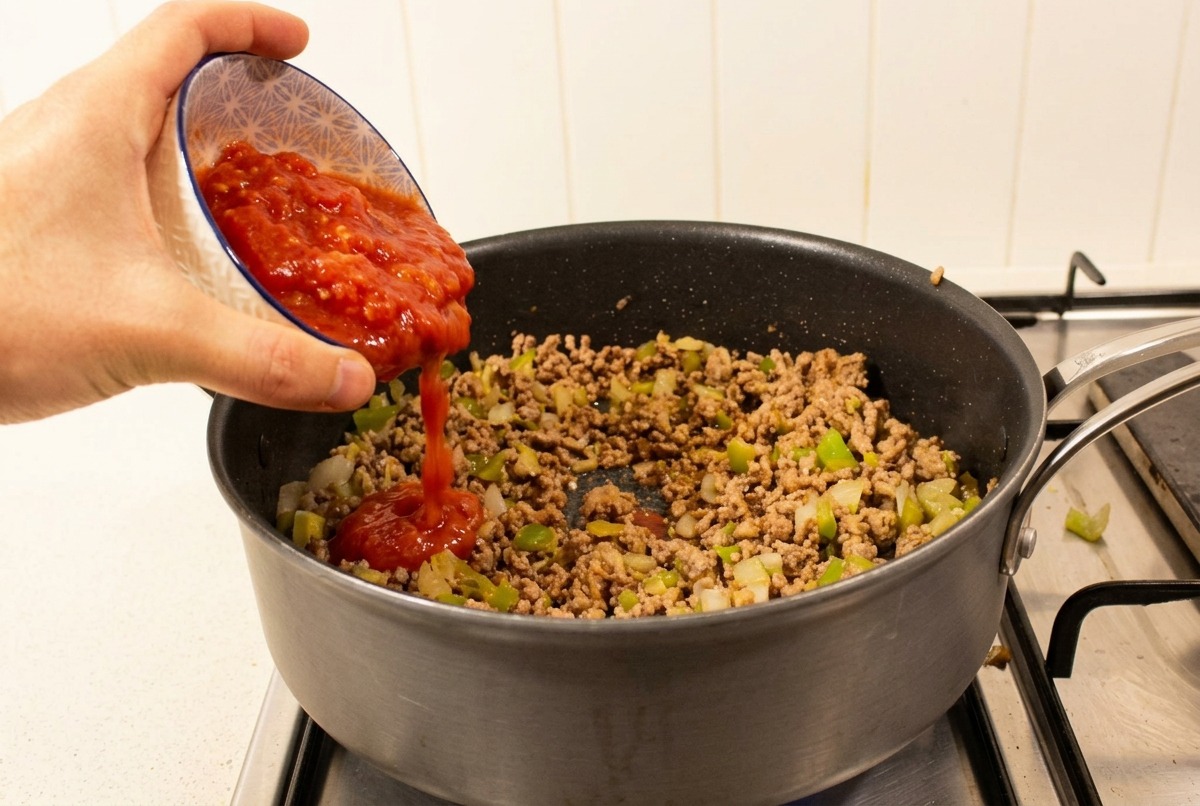 Tomates triturados rojos y espesos vertiéndose desde un cuenco pequeño a una sartén con carne de res dorada.