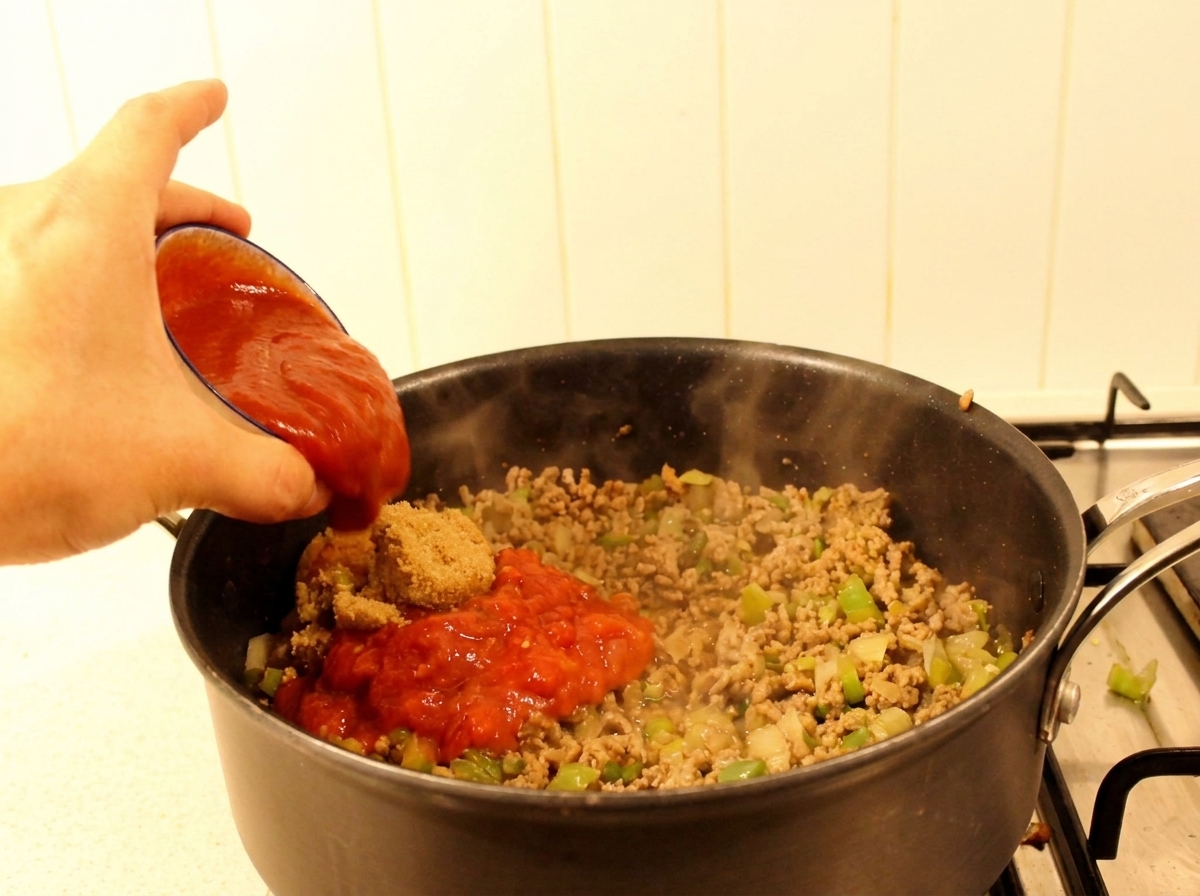 Vertiendo salsa de tomate espesa y añadiendo una montaña de azúcar morena en una sartén llena de carne y pimientos.