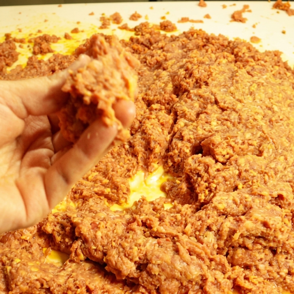 Un sándwich de sloppy joe coronado con queso derretido y rodajas de pepinillos.