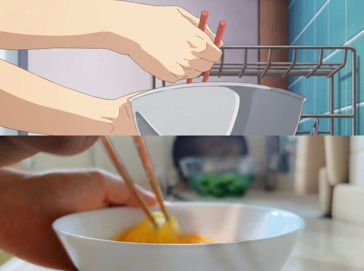 Manos usando palillos para batir huevos crudos en un bol blanco.