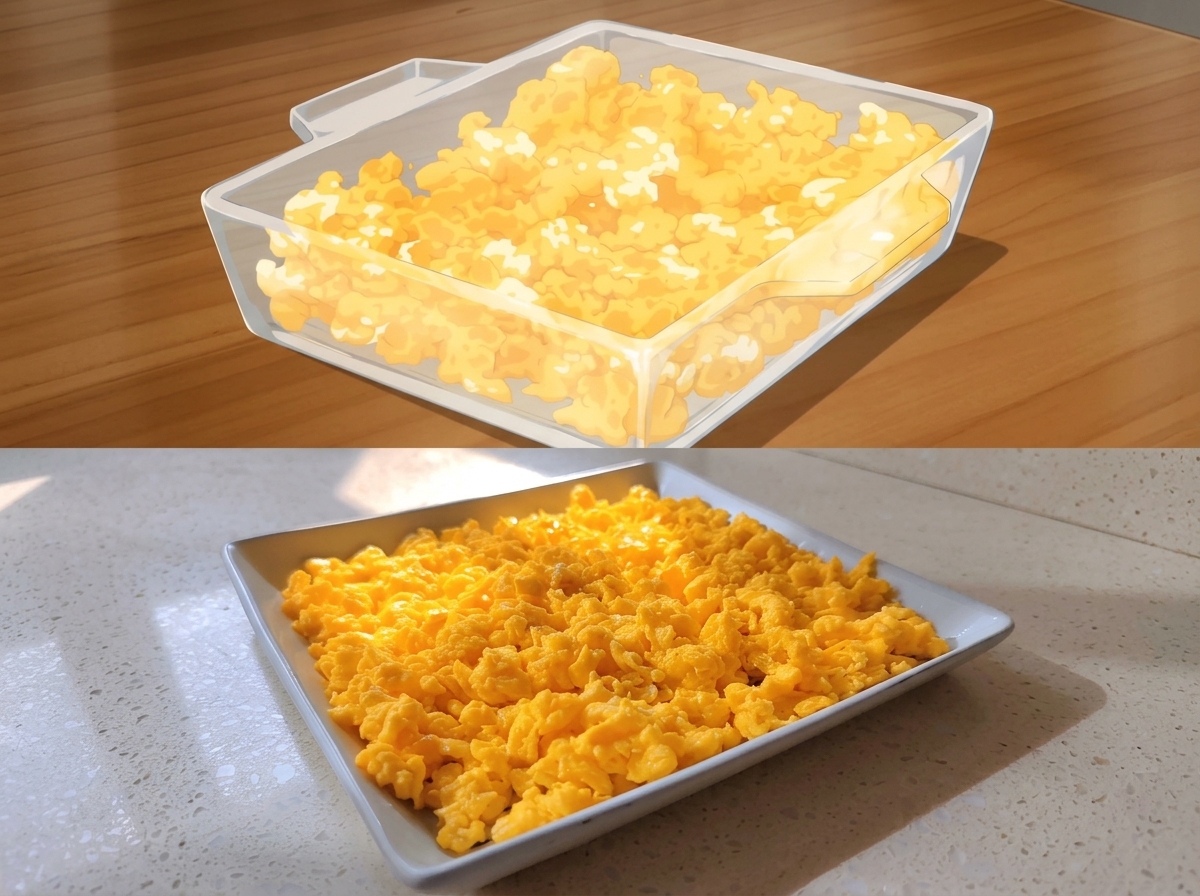 Un plato con huevos revueltos recién hechos, amarillos y muy esponjosos.
