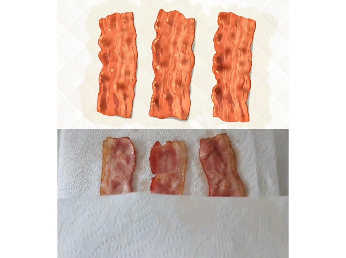 Tres tiras de bacón dorado reposando sobre papel de cocina absorbente.