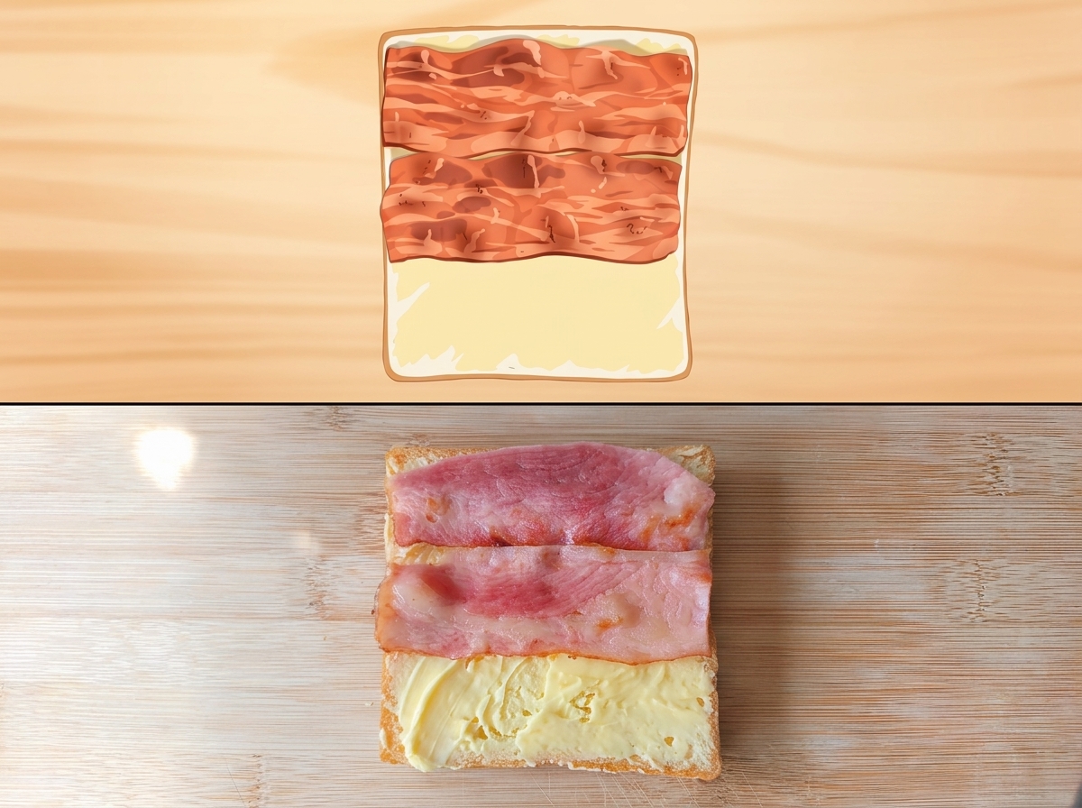 Tres tiras de bacón cocinado puestas sobre el pan con mantequilla.