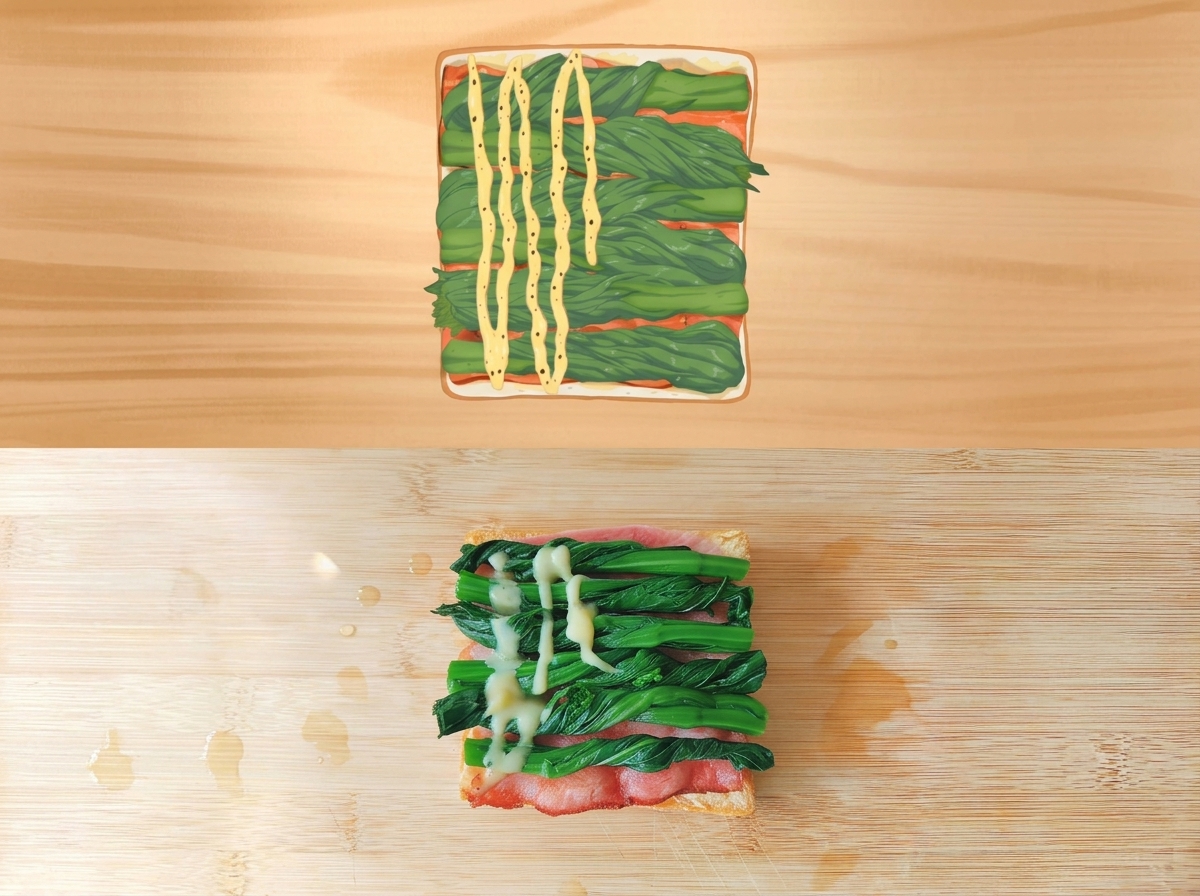 Salsa cremosa cayendo en zigzag sobre la capa de espinacas del sándwich.