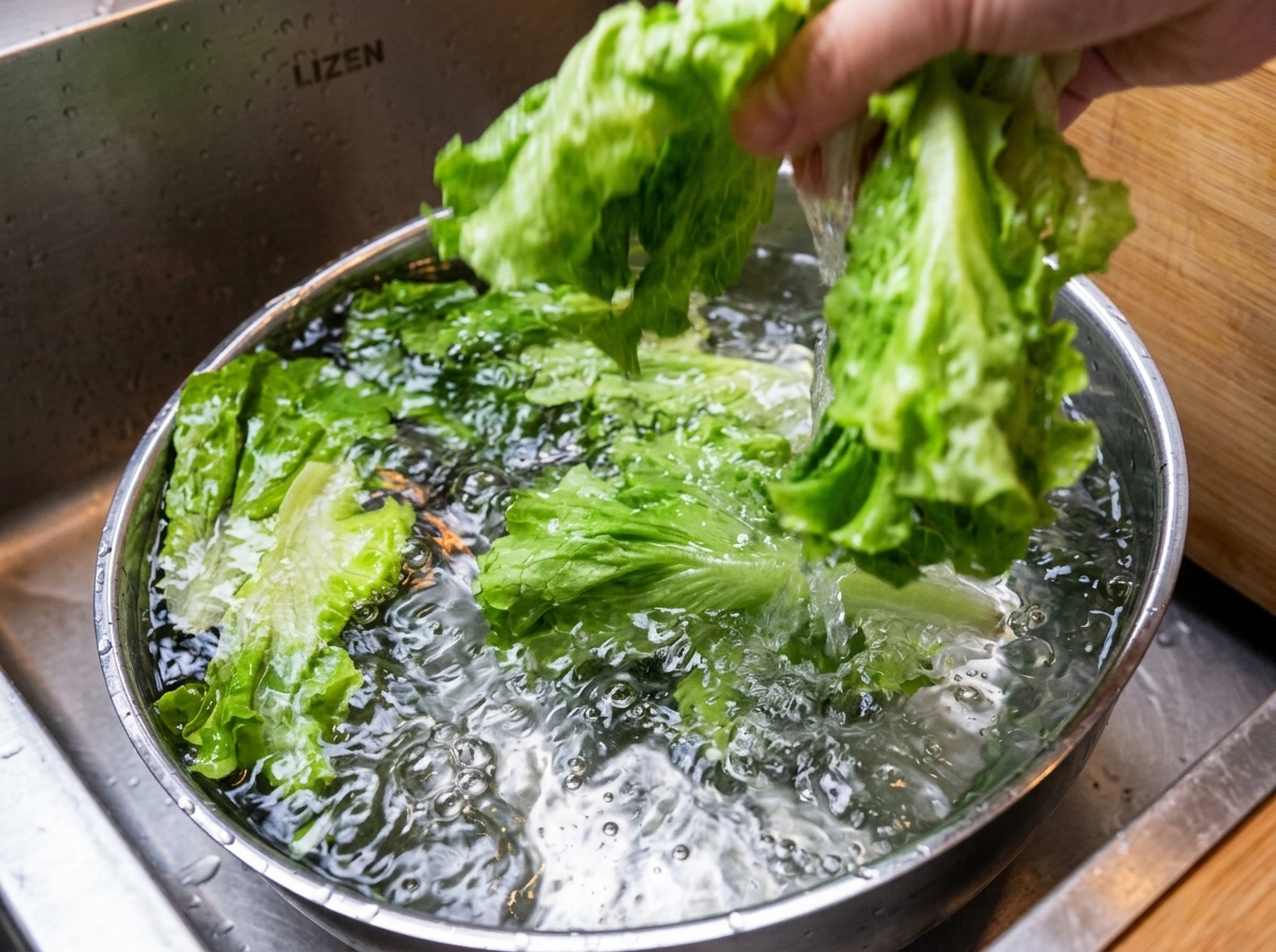 Una mano lavando hojas de lechuga verde y crujiente en un bol de metal lleno de agua.