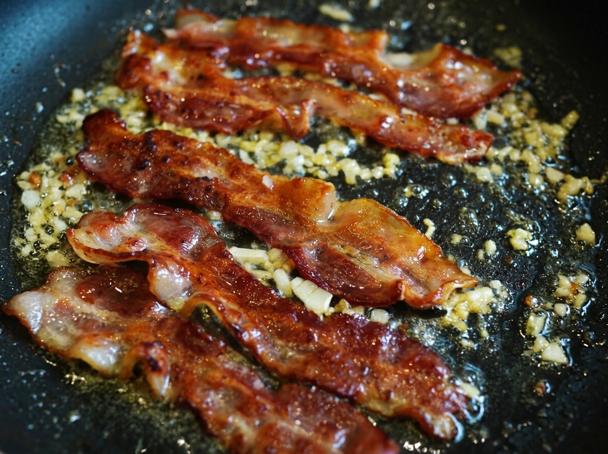 Tiras de tocino crujiente cocinándose a fuego lento en un glaseado oscuro y brillante de miel y vinagre con aromáticos picados en una sartén.