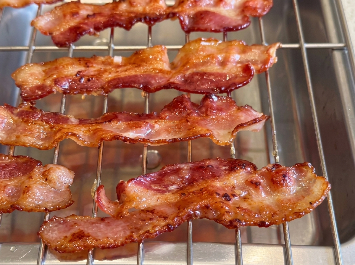 Tiras de tocino cocinadas y glaseadas reposando sobre una rejilla de metal.