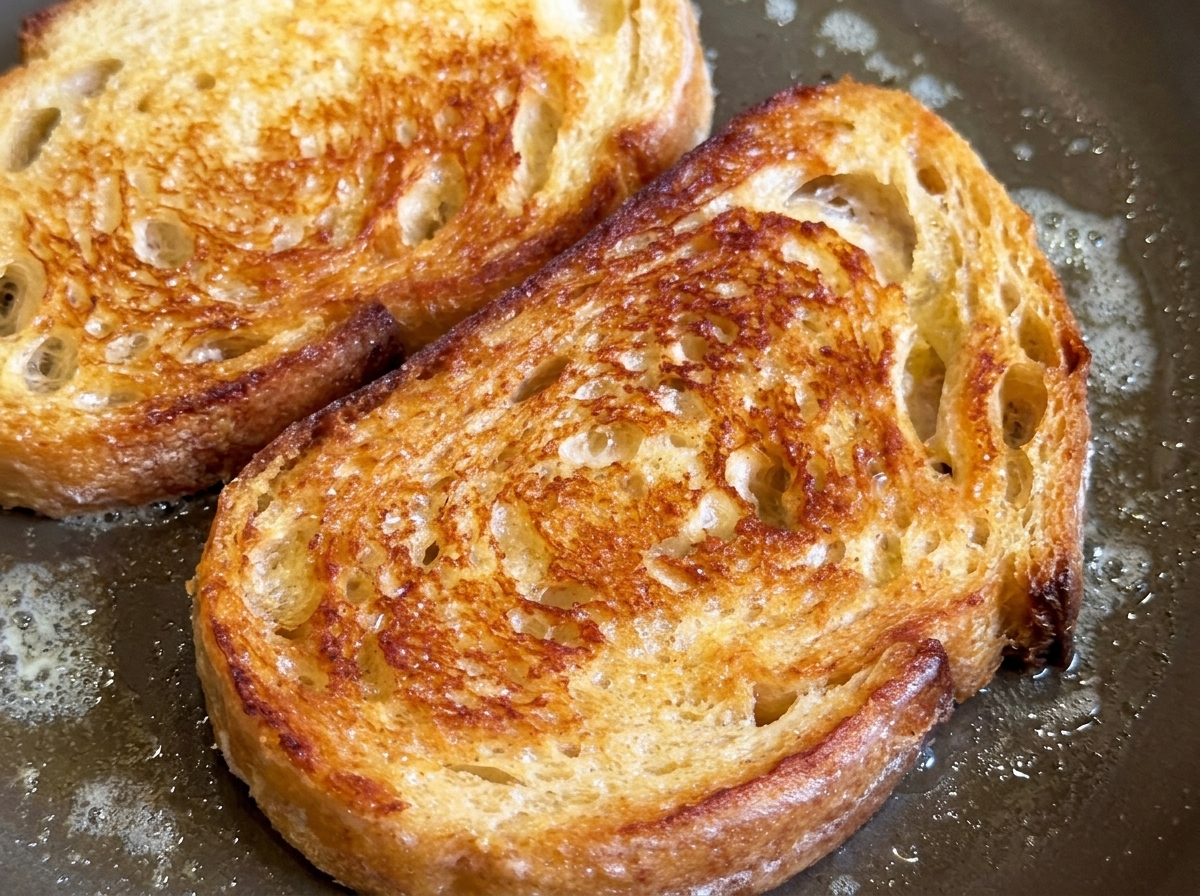 Dos rebanadas de pan artesanal tostándose hasta dorarse en una sartén ligeramente engrasada.