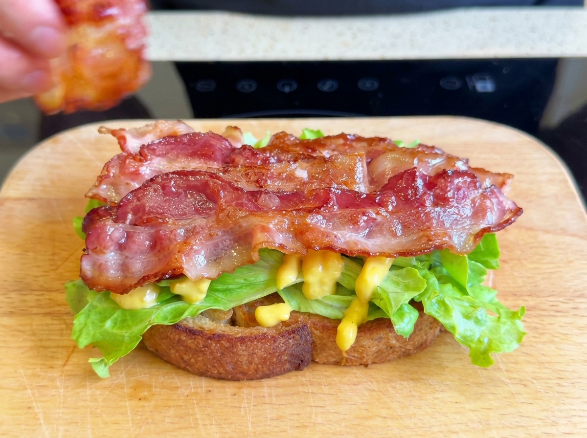 Tiras de tocino cocinadas y brillantes colocadas sobre lechuga fresca encima de una rebanada de pan tostado.