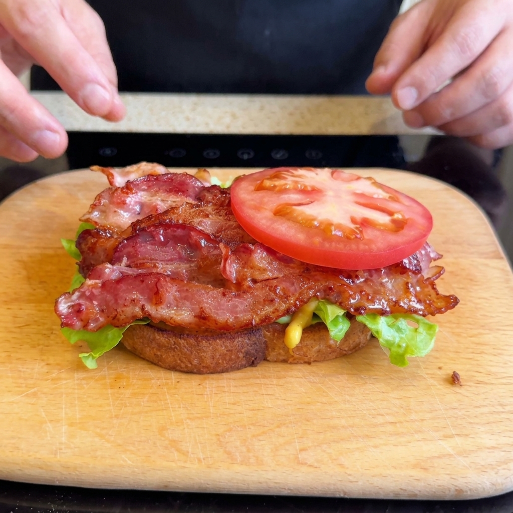 Una rodaja gruesa de tomate rojo vibrante colocada perfectamente sobre una pila de tocino crujiente dentro de un sándwich.