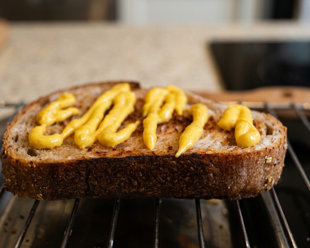 Una gruesa rebanada de pan artesanal tostado descansando sobre una rejilla, cubierta con líneas en zigzag de salsa amarilla.
