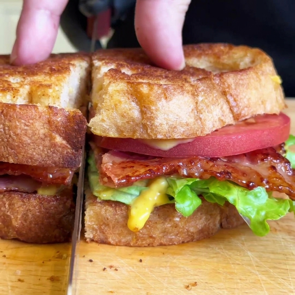 Dedos presionando suavemente hacia abajo sobre un sándwich BLT grueso y montado mientras un cuchillo de sierra lo corta por la mitad.