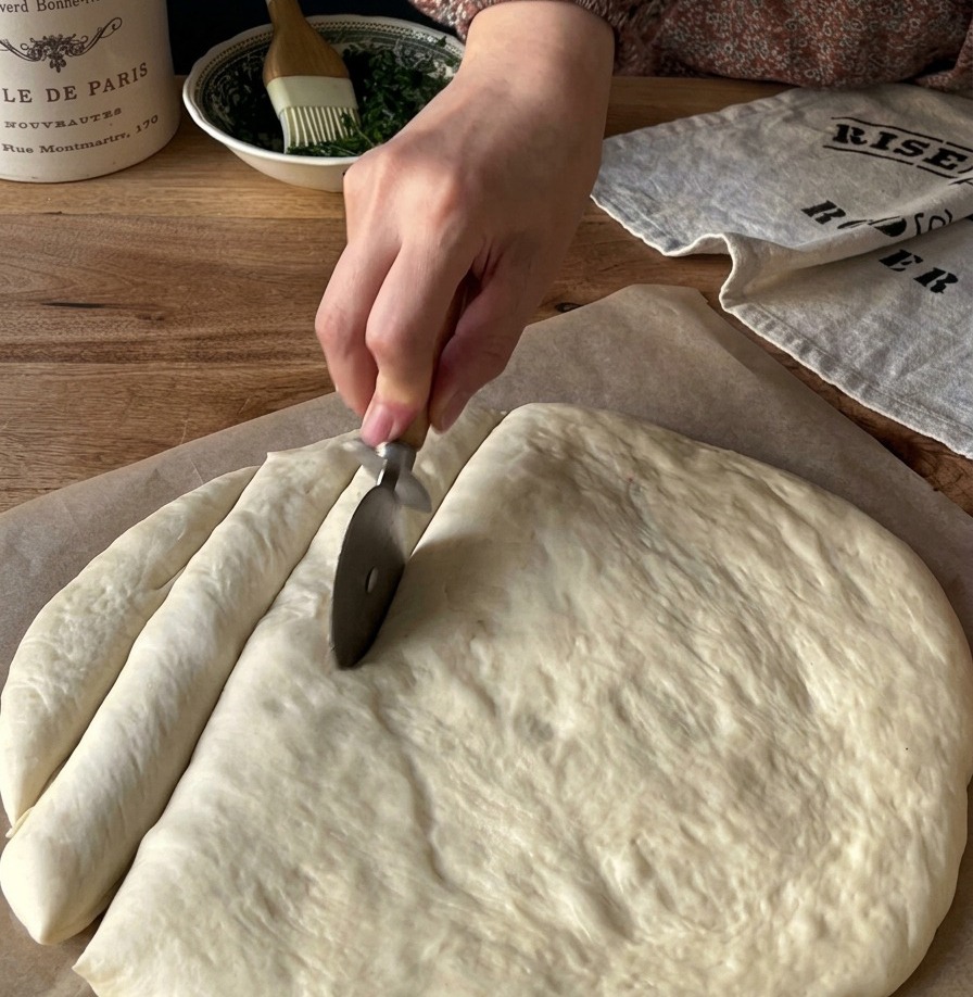 Una mano sosteniendo un cortador de pizza metálico y marcando un patrón de cuadrícula en una porción redonda de masa cruda aplanada sobre papel para hornear marrón.
