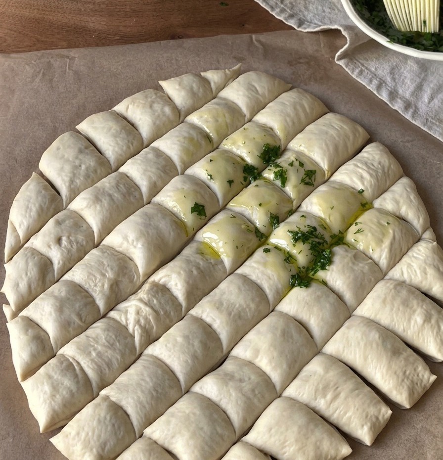 Una masa de pizza circular marcada en pequeños cuadrados, con algunas secciones brillantes por la mezcla verde de aceite de ajo y hierbas aplicada con un pincel de cocina.