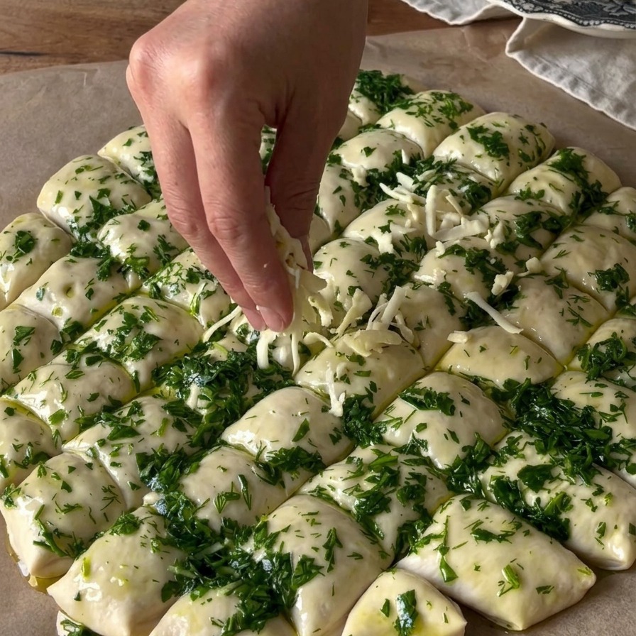 Queso mozzarella rallado siendo espolvoreado a mano sobre una masa redonda cubierta con aceite verde de ajo y hierbas.