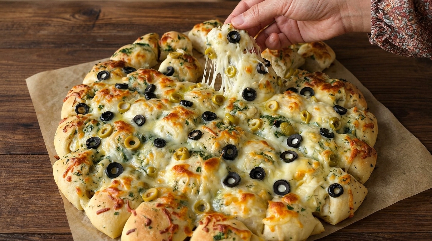 Una porción elástica de queso siendo extraída de una pizza casera de ajo y queso cubierta con mozzarella fundida y rodajas de aceitunas.