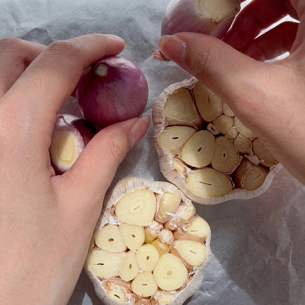 Primer plano de cabezas de ajo crudas con la parte superior cortada, rociadas con aceite sobre papel para hornear.