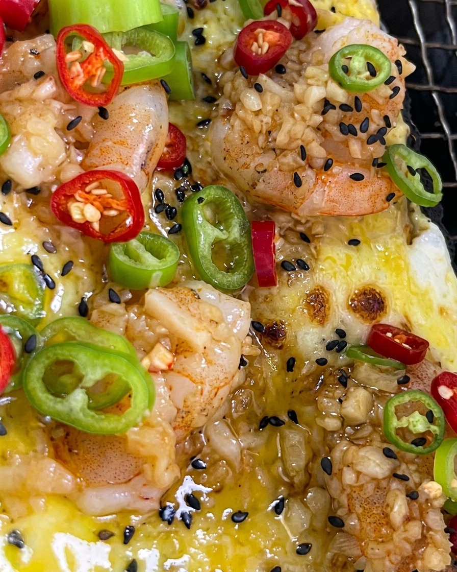 Chiles rojos y verdes recién cortados esparcidos sobre una pizza de camarones al carbón humeante.