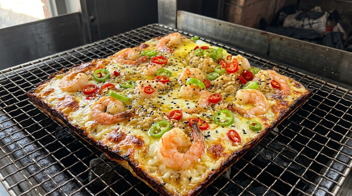 Pizza al carbón con camarones al ajo