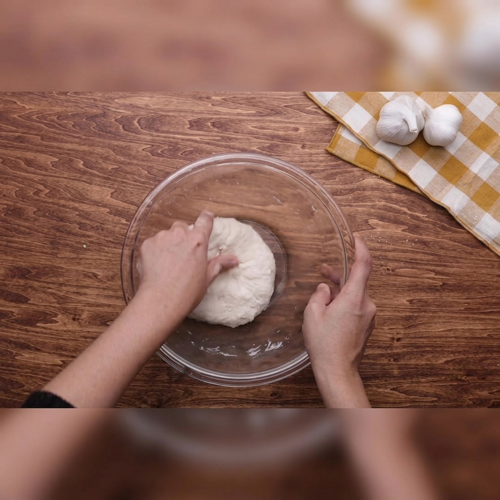 Dos manos amasando una bola de masa blanca dentro de un bol de vidrio transparente sobre un fondo de madera.