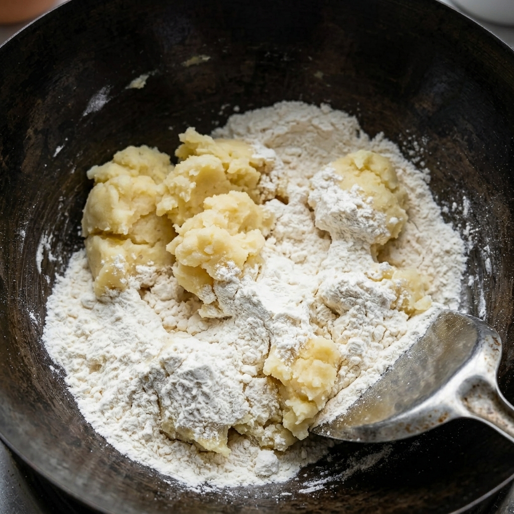 Una espátula de metal mezclando harina blanca con mantequilla derretida en una sartén oscura para formar una pasta espesa de roux.