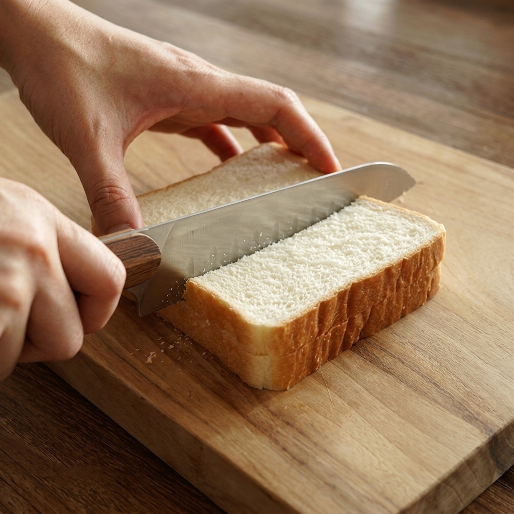 Primer plano de una mano cortando dos rebanadas de pan de molde blanco con un cuchillo sobre una tabla de madera.