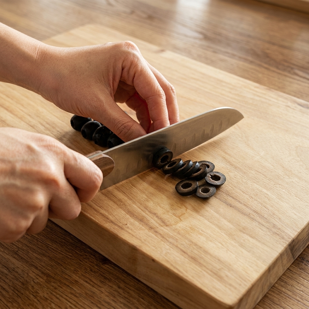 Primer plano de aceitunas negras cortadas en rodajas sobre una tabla de cortar de madera.