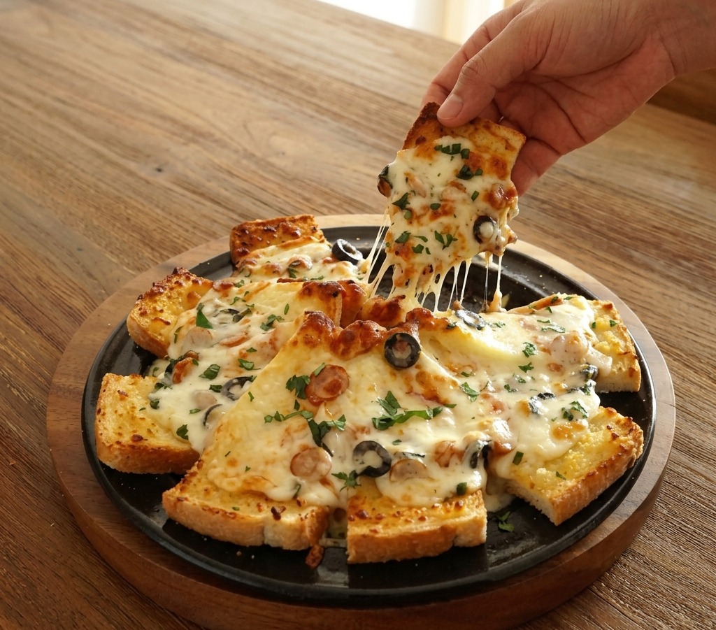 Tres porciones de salsa de tomate de color rojo brillante sobre lonchas de queso blanco en el centro de la pizza de pan.