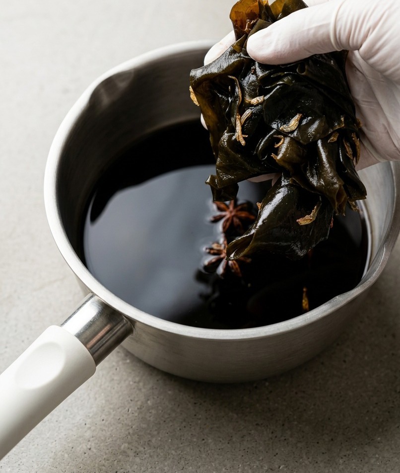 Mano con guante levantando kombu hidratado de una olla de acero inoxidable con una marinada oscura de soja y anís estrellado.