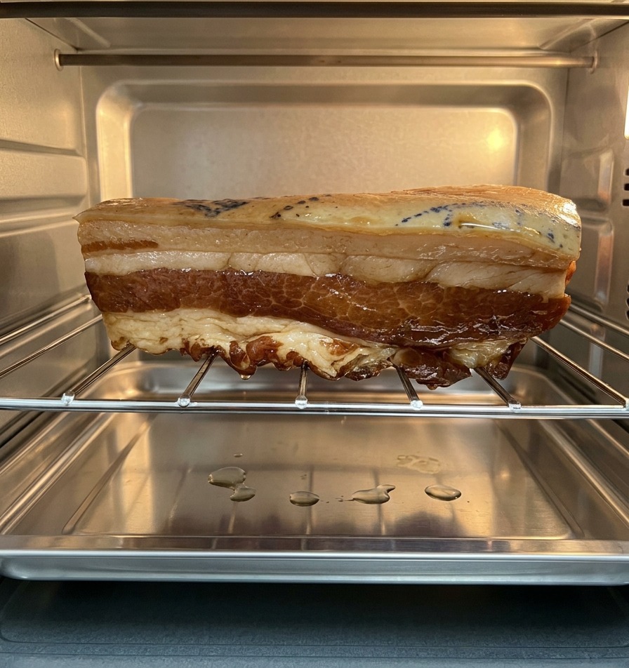 Pieza grande de panceta de cerdo marinada asándose sobre una rejilla metálica en un horno de acero inoxidable, con la grasa goteando en la bandeja.