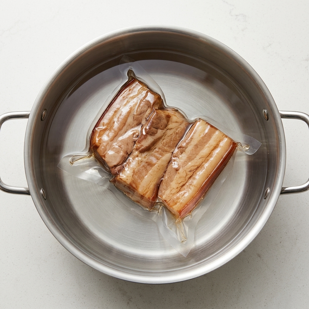 Bolsas de plástico envasadas al vacío con panceta de cerdo marinada sumergidas en una olla de acero inoxidable para cocción sous-vide.