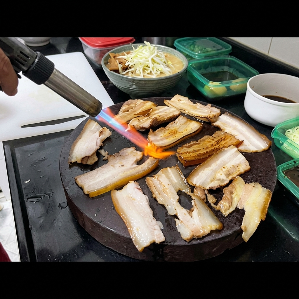 Soplete de cocina braseando lonchas de panceta de cerdo cocida en un plato de piedra oscura; de fondo hay tazones con cebolleta picada.