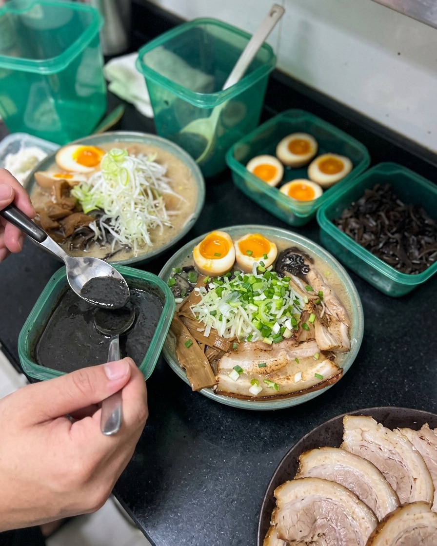 Persona usando una cuchara plateada para rociar aceite de ajo negro oscuro sobre un tazón de ramen ya montado con cerdo, huevo y cebolleta.