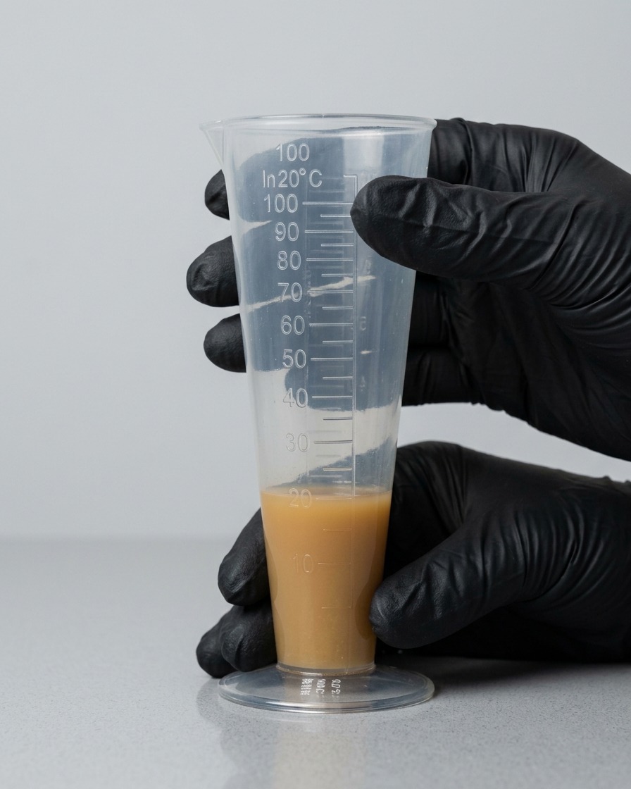 Manos con guantes sosteniendo una jarra medidora transparente con una base de condimento líquida de color marrón.