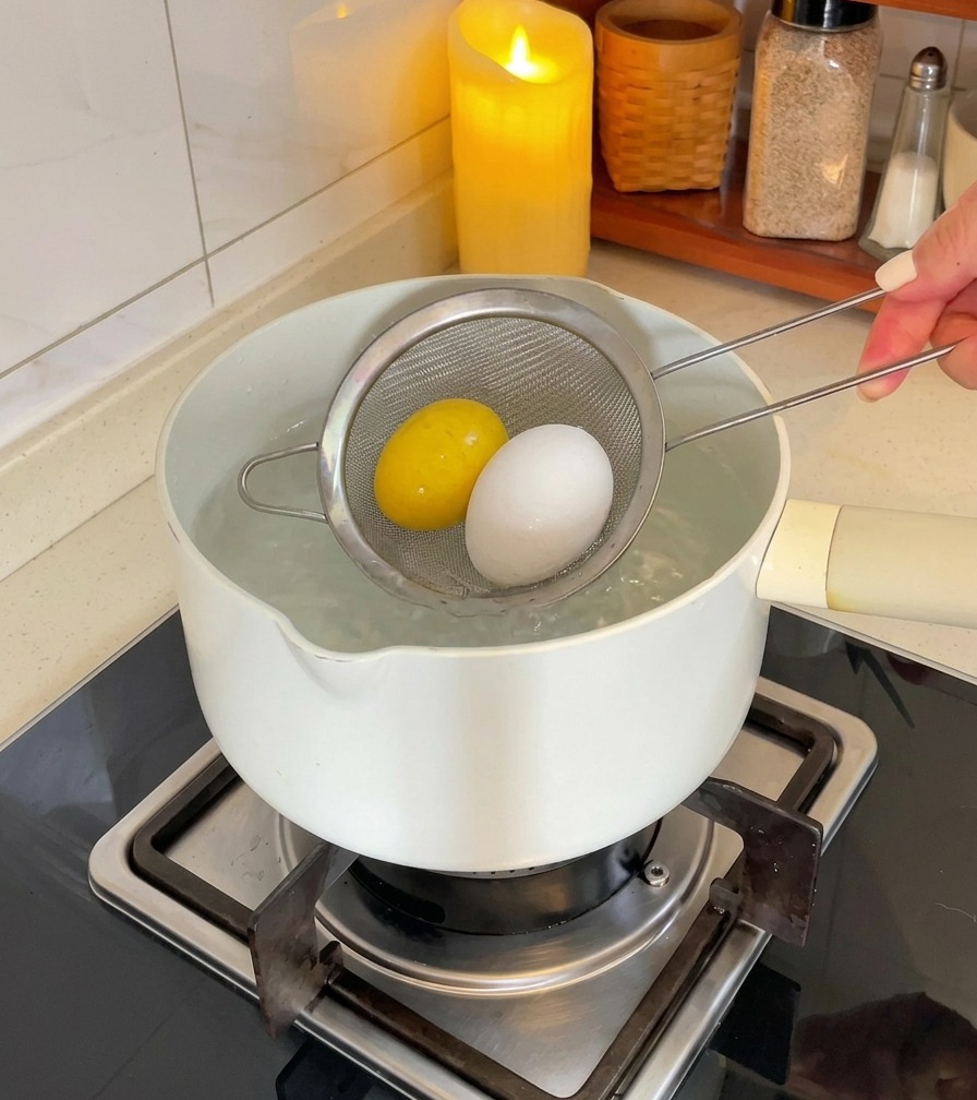 Una persona introduciendo con cuidado dos huevos en una olla con agua hirviendo usando un colador.