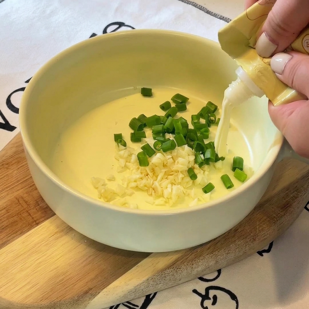 Una mano exprimiendo mayonesa desde un tubo de plástico amarillo hacia un tazón con ajo y cebollín.