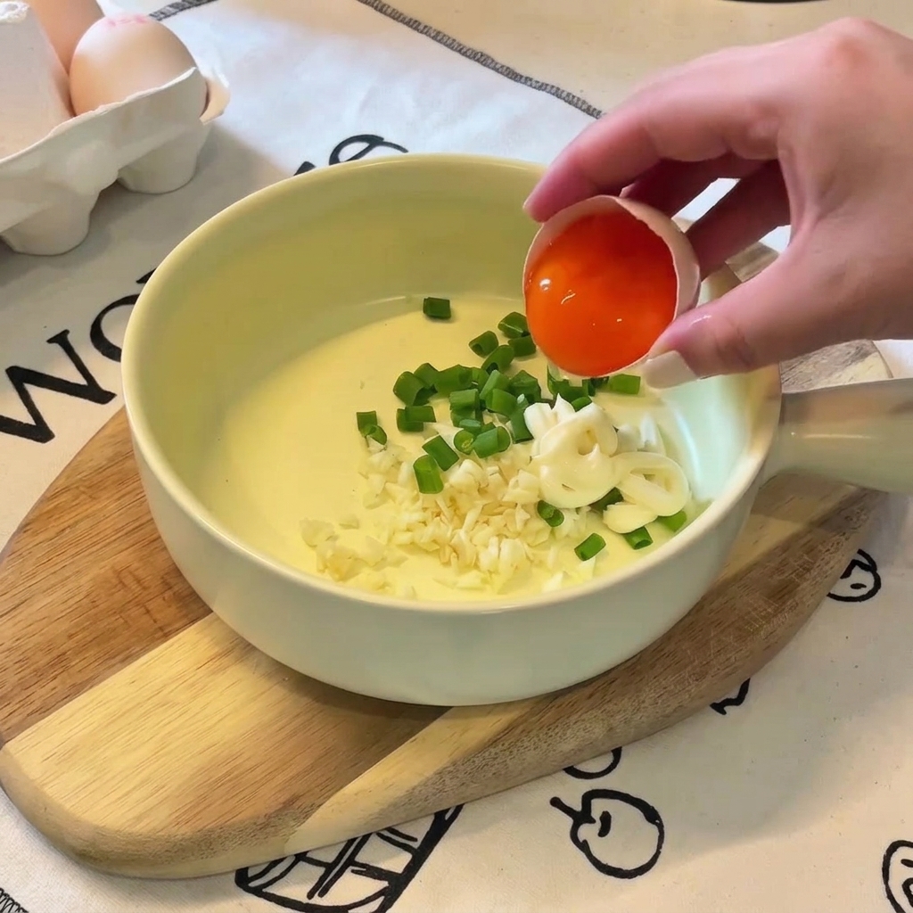 Una mano sosteniendo una cáscara de huevo y dejando caer una yema de color naranja brillante en el tazón con ajo y cebollín.