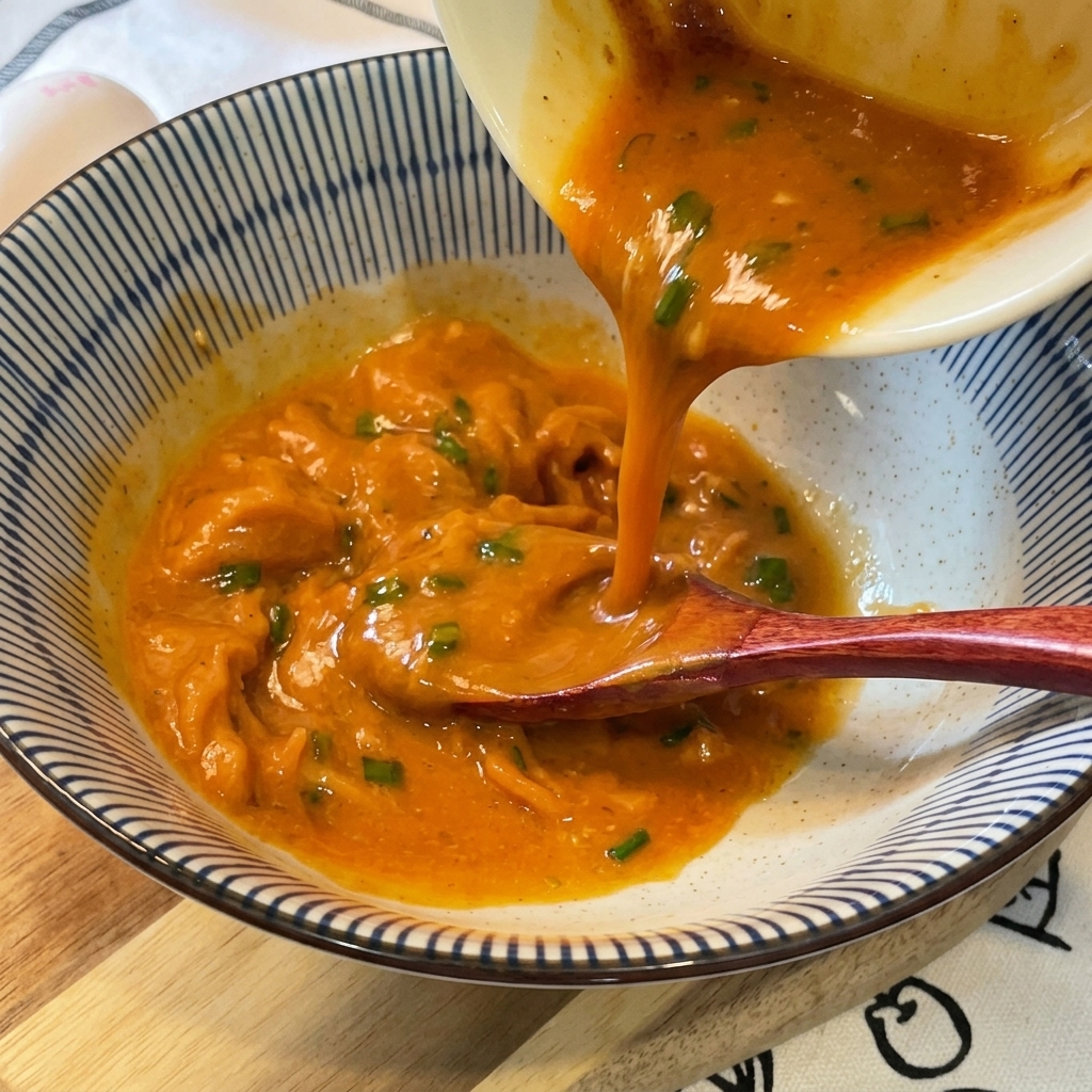 Sopa de ramen de color naranja cremoso vertiéndose desde un tazón pequeño hacia un plato de cerámica más grande con rayas azules y blancas.